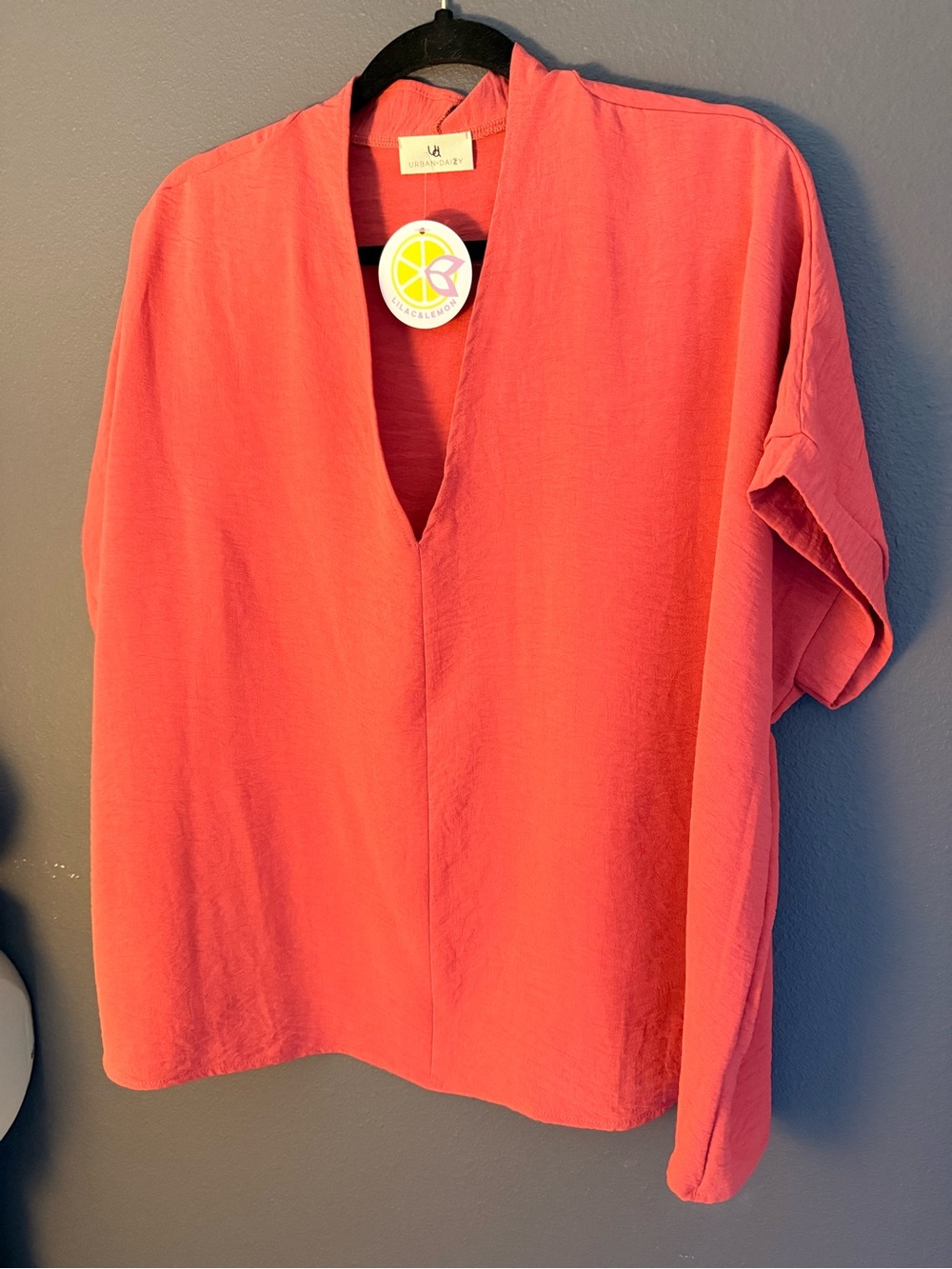 V neck Coral Short Sleeve Blouse